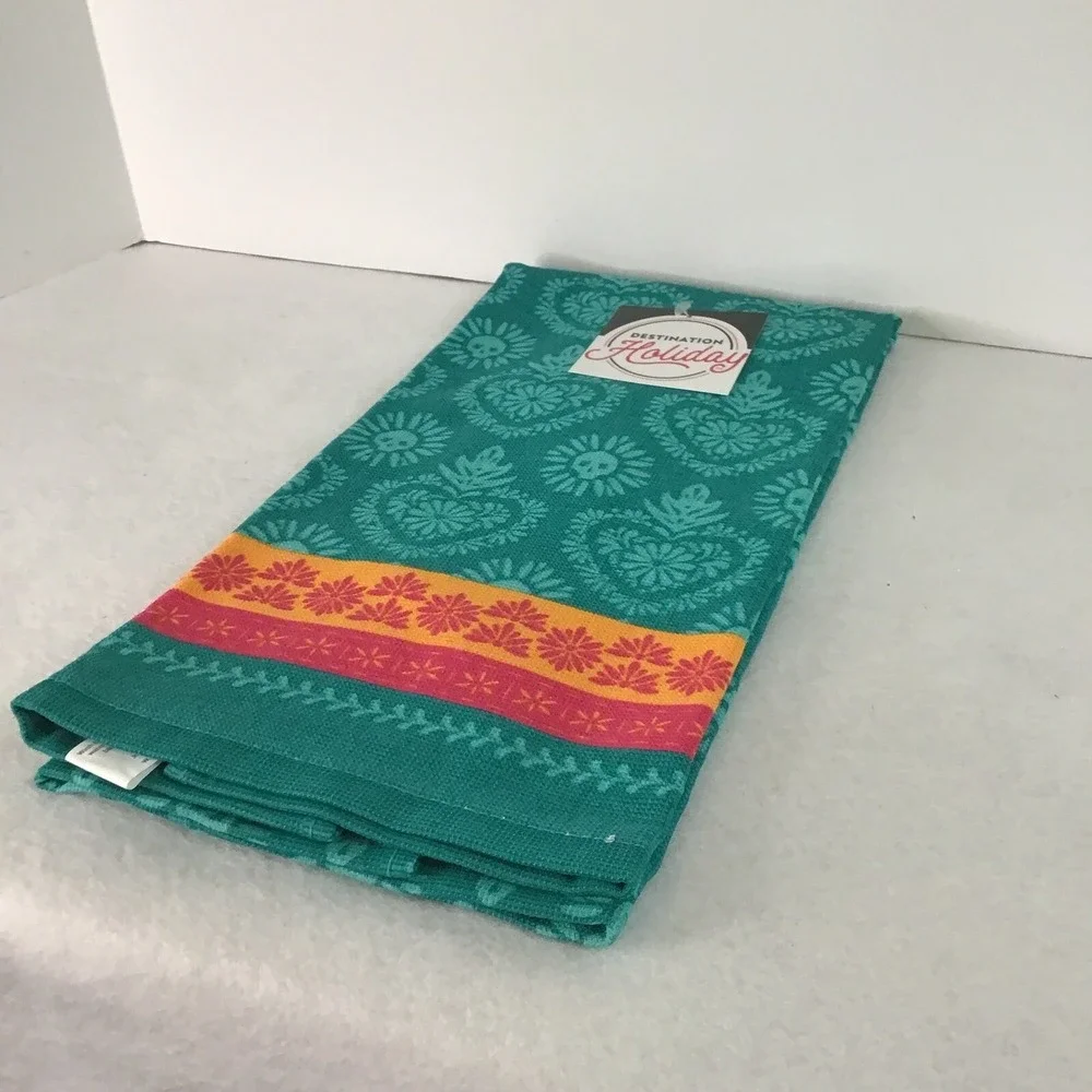 Day of Dead Pair of Kitchen Towels Deep‎ Teal Flame Heart Destination Holiday